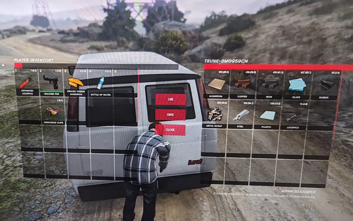 A player opens the back of a van with the inventory menu showing – a scene from the Dyoon RP server