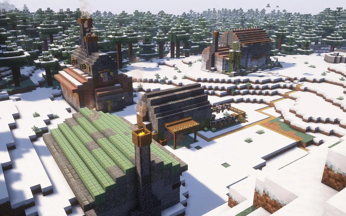 Snow-covered Minecraft village among spruce trees (illustrative image)